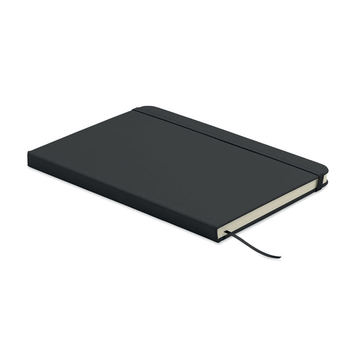 ARCOPEN - Set libreta A5 PU y boligrafo: libreta negra A5 con cierre elástico y cinta marcapáginas.