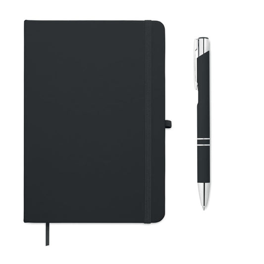 ARCOPEN - Set libreta A5 PU y boligrafo, incluye libreta negra y bolígrafo metálico.