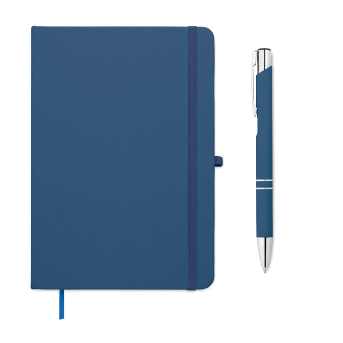ARCOPEN - Set libreta A5 PU y boligrafo en color azul con bolígrafo y cierre elástico.