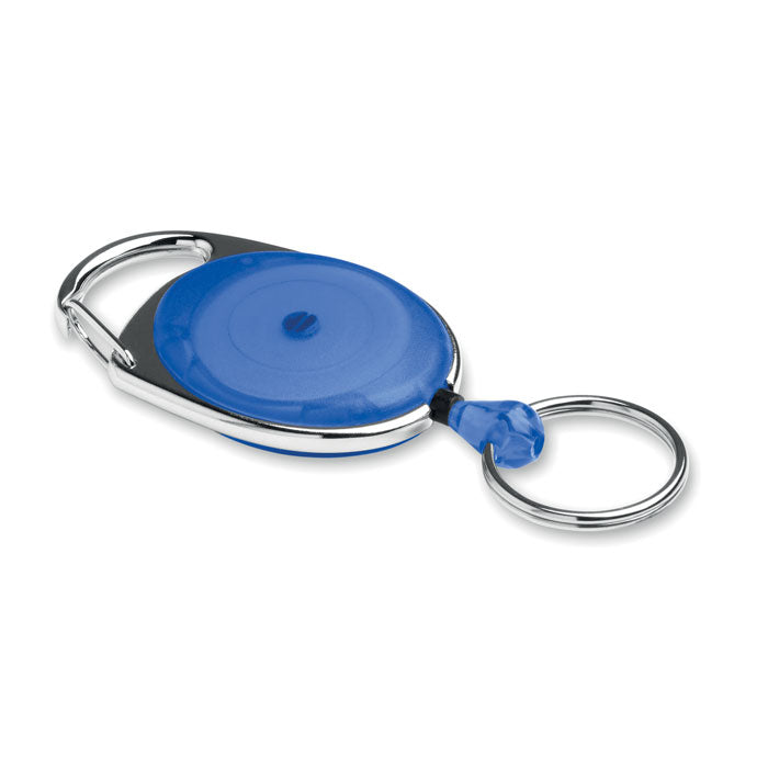 Portacredenciales retráctil ARRONSA en color azul con mosquetón y anillo para llaves.