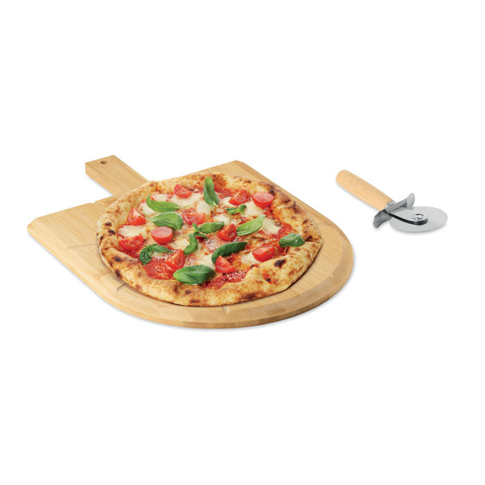 NAPOLITANA - Tabla cortador pizza de bambú con pizza y cortador de acero inoxidable.