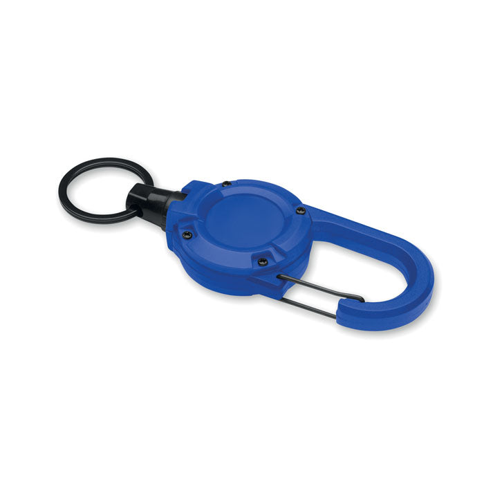 STIBA - Porta credenciales retráctil en color azul con mosquetón y cable de acero extensible.