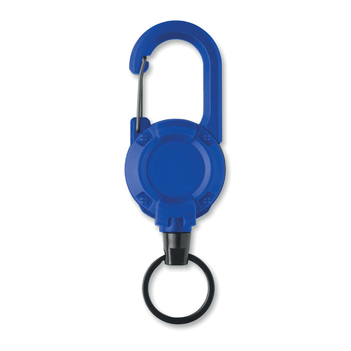 STIBA - Porta credenciales retráctil de color azul con mosquetón y cable de acero extendido.