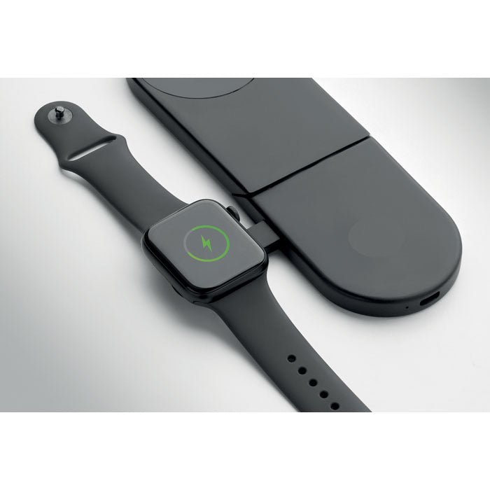 ELASTI - Cargador plegable de 15 W con reloj inteligente en carga y diseño elegante en color negro.