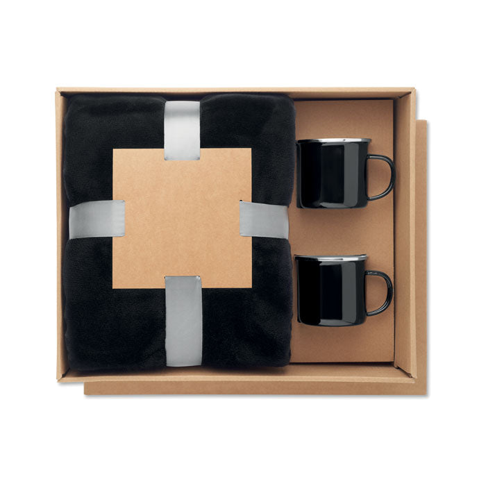 AGRADABLE - Juego de manta polar y 2 tazas en caja de regalo con manta negra y tazas metálicas.