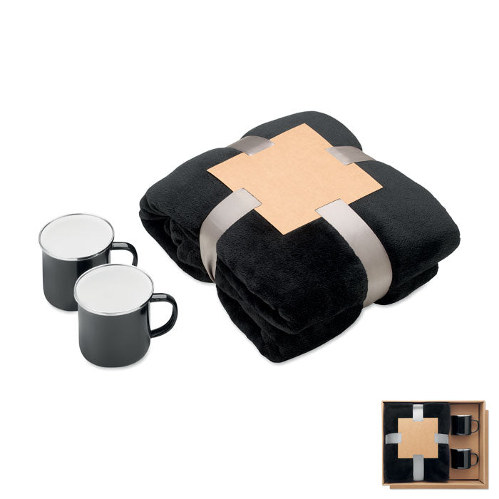 AGRADABLE - Juego de manta polar y 2 tazas con manta negra y dos tazas metálicas en presentación elegante.