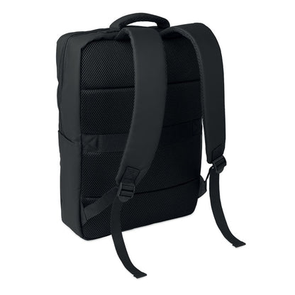 Mochila RPET negra para portátil de 15 pulgadas, vista trasera con tirantes
