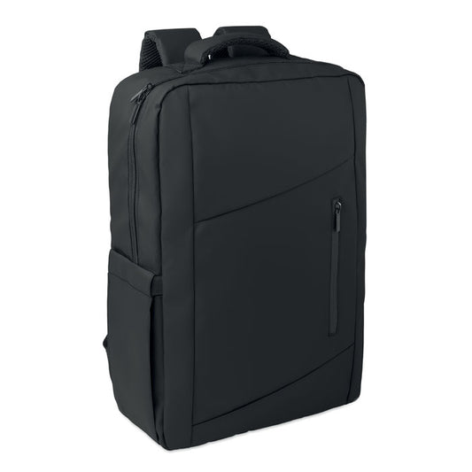 Mochila portátil RPET 15 pulgadas en color negro, con compartimento acolchado y bolsillo frontal con cremallera.
