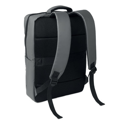 Mochila gris para portátil de 15 pulgadas, vista trasera con cinta trolley