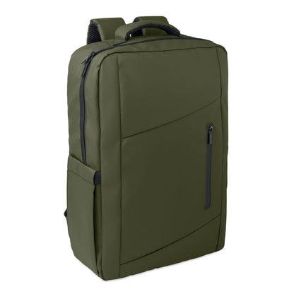 Mochila promocional verde oliva para portátil, vista trasera con cinta trolley