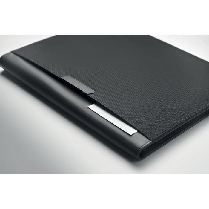 PROFILE4 - Portafolio A4 y bloc de notas, elegante portafolio negro con soporte para bolígrafo y compartimentos.