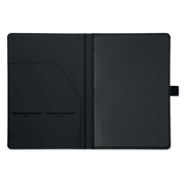 Interior del perfil de portafolio A5 y bloc de notas, mostrando compartimentos para tarjetas y diseño elegante.