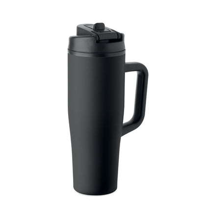 Vaso térmico negro de acero inoxidable reciclado con asa lateral y tapa cerrada