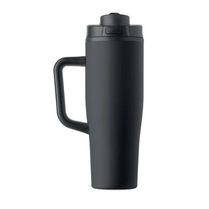 Vaso térmico negro de 900 ml con tapa antifugas, visto desde la parte trasera