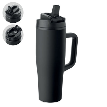 Vaso térmico negro de 900 ml con asa, pajita y tapa antifugas, vista frontal