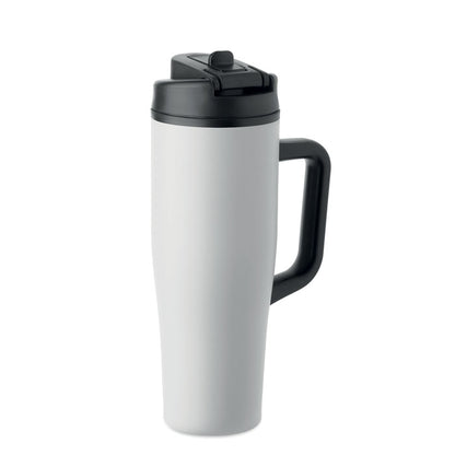 Vaso térmico blanco de acero inoxidable reciclado con tapa negra antifugas