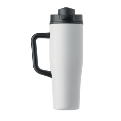 Vaso térmico blanco de 900 ml con asa lateral negra, visto desde atrás