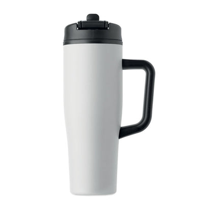Vaso térmico gris de 900 ml con asa, pajita y tapa negra antifugas
