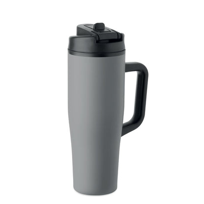 Detalle de la tapa negra 2 en 1 del vaso térmico gris con pajita reutilizable