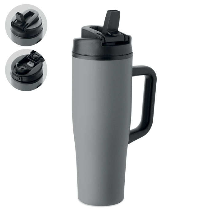 ATLANTA - Vaso de doble pared 900 ml en color gris con tapa 2 en 1, diseño ergonómico y acabado en polvo.