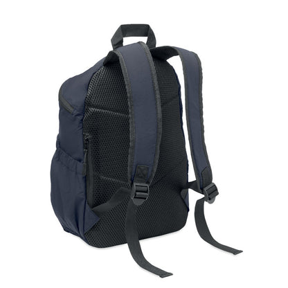 Mochila azul vista lateral trasera