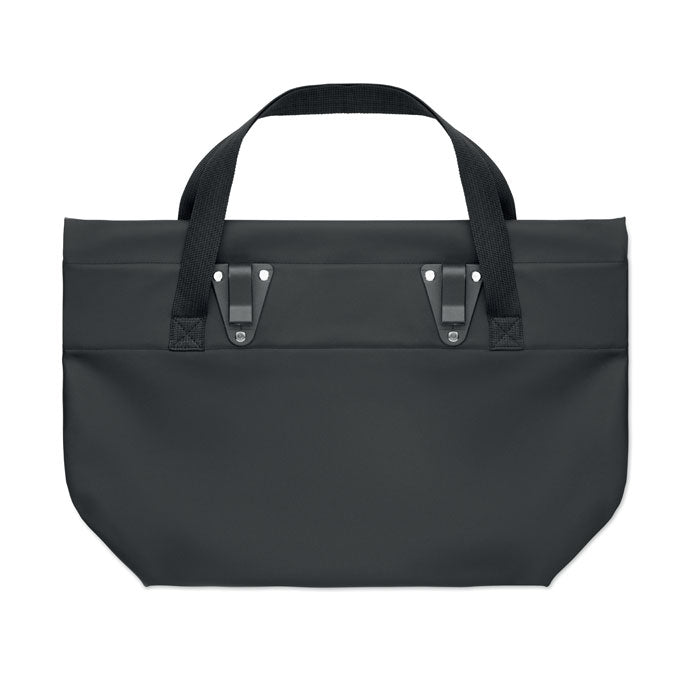 RIDE TOTE BAG - Bolsa de PU para bicicleta 10L en color negro con asas resistentes y ganchos de fijación.