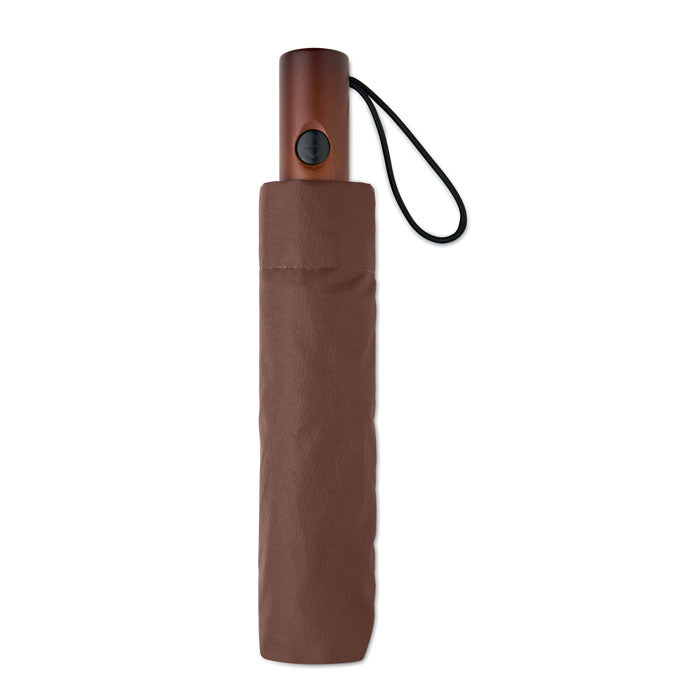 Paraguas automático de 21 pulgadas resistente al viento en color marrón, cerrado en su funda.