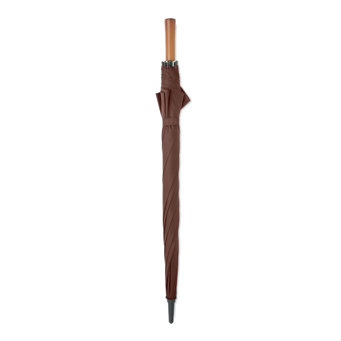 Paraguas automático de 27 pulgadas en color marrón con mango de madera, diseño elegante y resistente al viento.