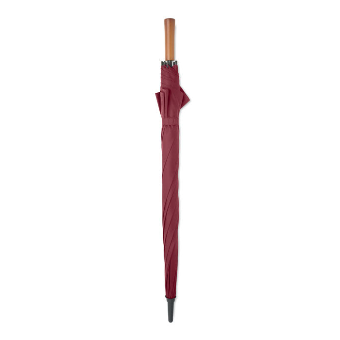Paraguas automático de 27 pulgadas en color burdeos con mango de madera, resistente al viento y de fácil apertura.
