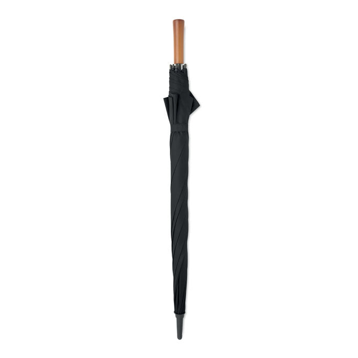 Paraguas automático 27 pulgadas en color negro con mango de madera y diseño elegante.