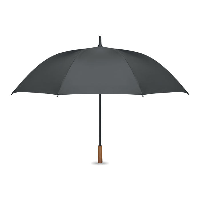Paraguas automático de 27 pulgadas en color gris con mango de madera, ideal para protección contra la lluvia.