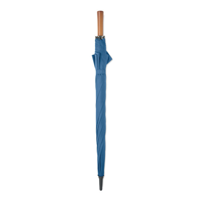 Paraguas automático de 27 pulgadas en color azul con mango de madera y diseño plegable.