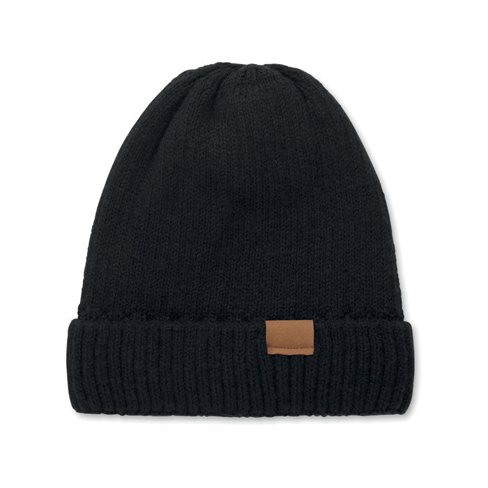 PUNTOS - Gorro de punto con dobladillo, gorro unisex de poliéster con dobladillo y parche de microfibra.