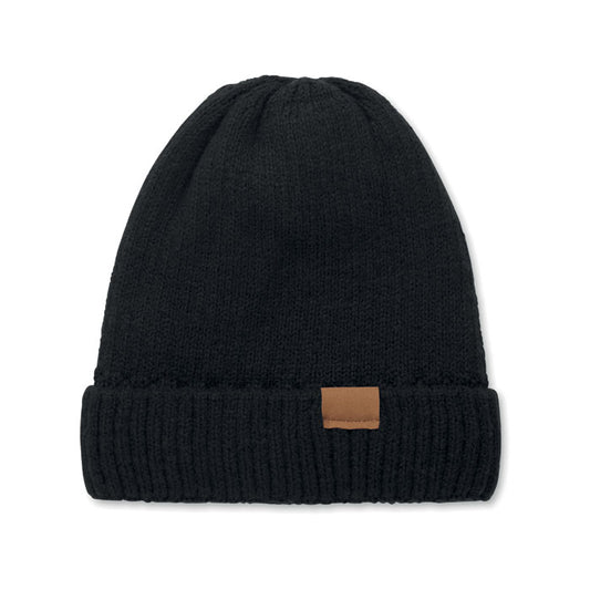 PUNTOS - Gorro de punto con dobladillo, gorro unisex de poliéster con dobladillo y parche de microfibra.