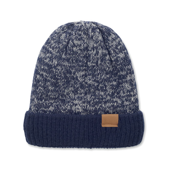 PUNTOS - Gorro de punto con dobladillo en color azul con forro polar y parche en el dobladillo