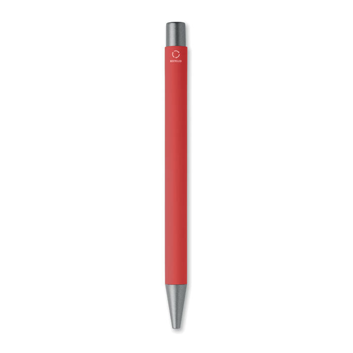 Bolígrafo reciclado de aluminio de color rojo con acabados en gris antracita.