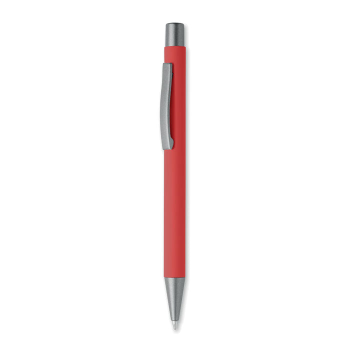 Bolígrafo reciclado de aluminio, pulso con acabado engomado en color rojo y detalles en gris antracita, tinta azul.