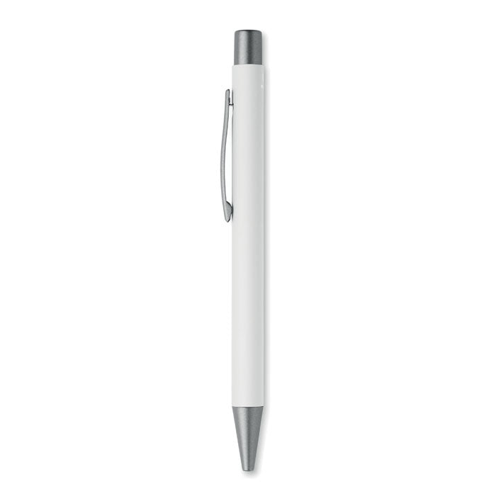 Bolígrafo reciclado de aluminio en color blanco con detalles gris antracita, ideal para escritura sostenible.
