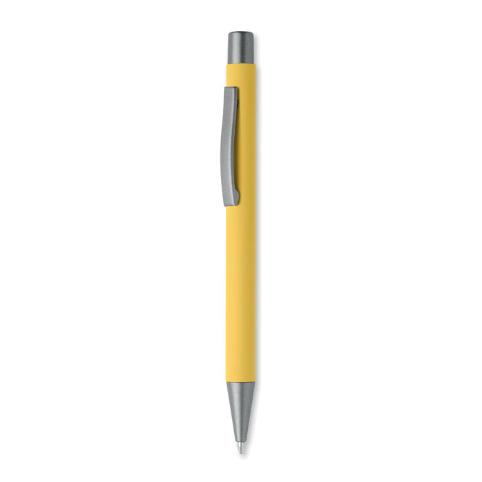 Bolígrafo reciclado de aluminio en color amarillo con clip y punta en gris antracita, tinta azul.