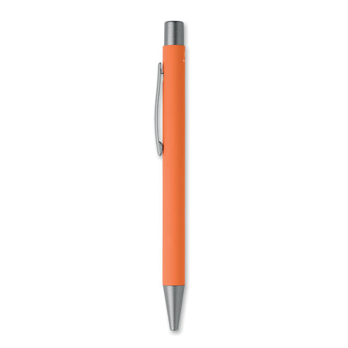 Bolígrafo reciclado de aluminio en color naranja con detalles en gris antracita, ideal para escritura sostenible.