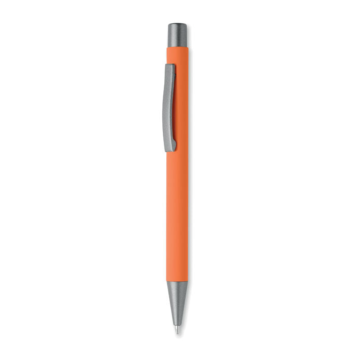 Bolígrafo reciclado de aluminio en color naranja con acabado engomado y detalles en gris antracita