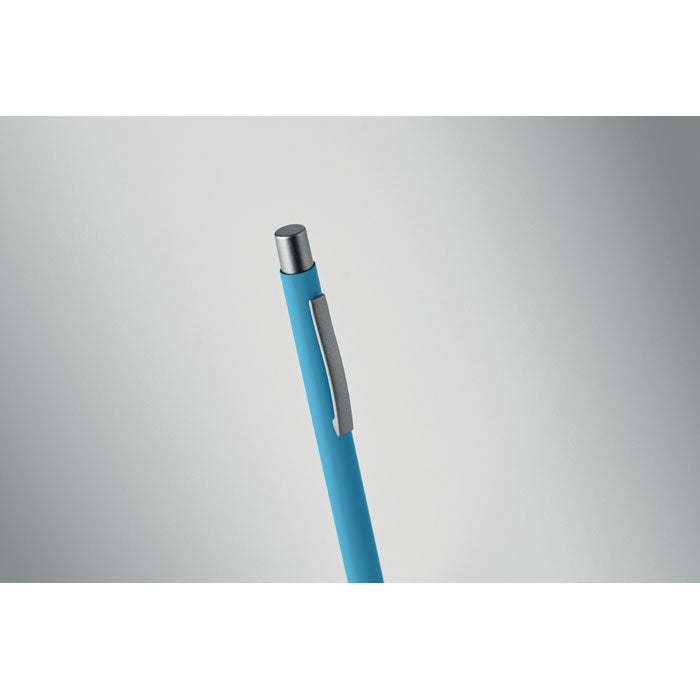 Bolígrafo reciclado de aluminio en color azul con clip gris antracita, ideal para uso diario.