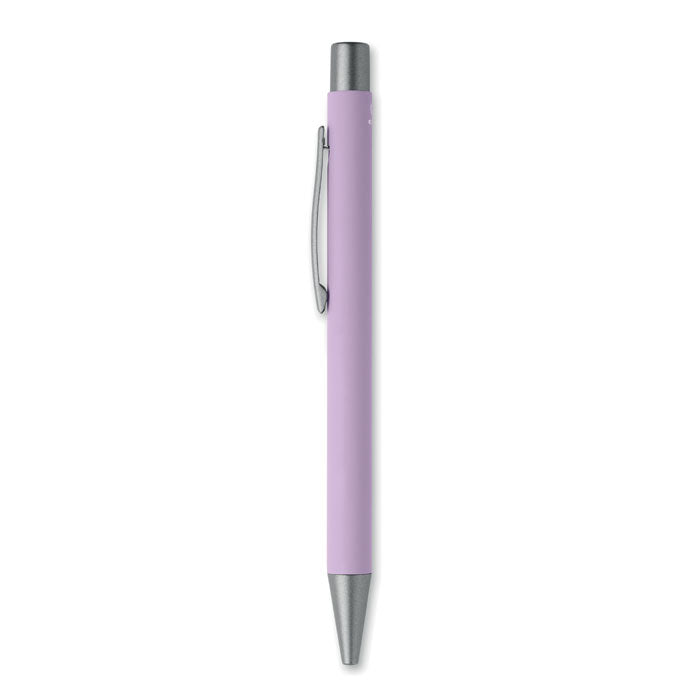 Bolígrafo reciclado de aluminio en color lila, con clip y punta en gris antracita, ideal para uso diario.