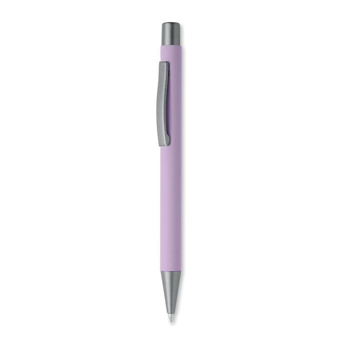 Bolígrafo reciclado de aluminio en color lavanda con clip y punta gris antracita.