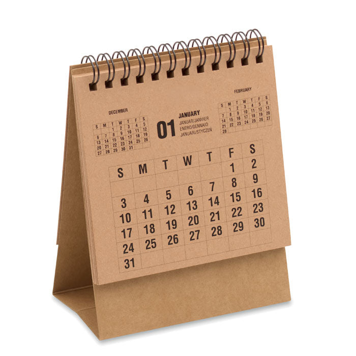 Calendario sobremesa 4 años en papel kraft con diseño multilingüe ideal para planificar tareas diarias.