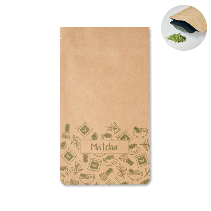 MATCHA - Té matcha en polvo 10 g en envase de papel con diseño de té y hojas.