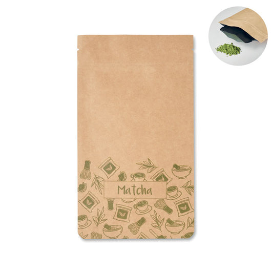 MATCHA - Té matcha en polvo 10 g en envase de papel con diseño de té y hojas.