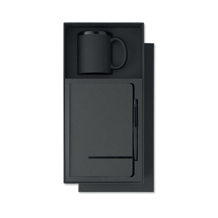 READYSET - Estuche de regalo de 3 piezas con libreta A5, bolígrafo y taza de cerámica negra.