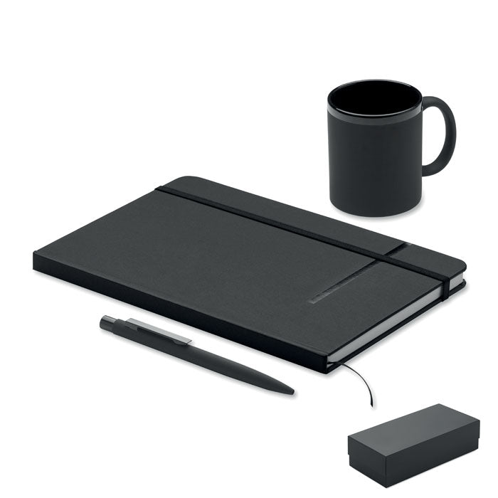 READYSET - Estuche de regalo de 3 piezas que incluye libreta, bolígrafo y taza negra.