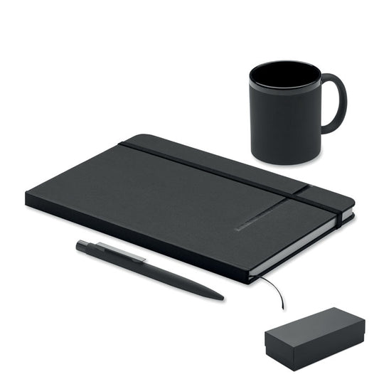READYSET - Estuche de regalo de 3 piezas que incluye libreta, bolígrafo y taza negra.